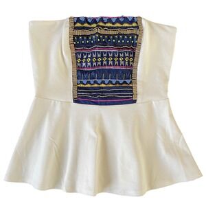 Studio Y Strapless Peplum Tube‎ Top White Large Beaded Embroidered Summer Boho